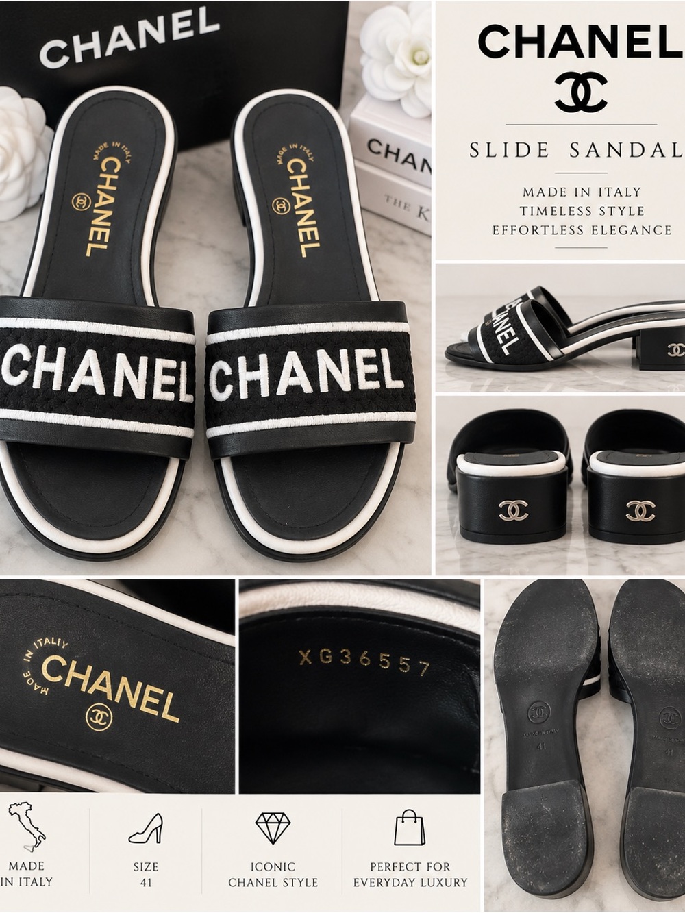 CHANEL Black and White Quilted Logo Slide Sandals